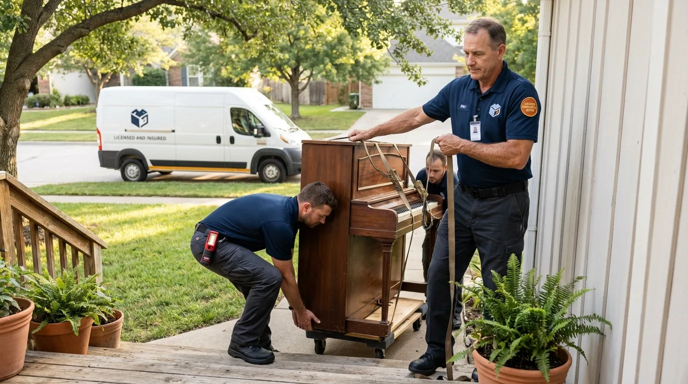 Licensed piano movers securing grand piano in Bunker Hill, IL