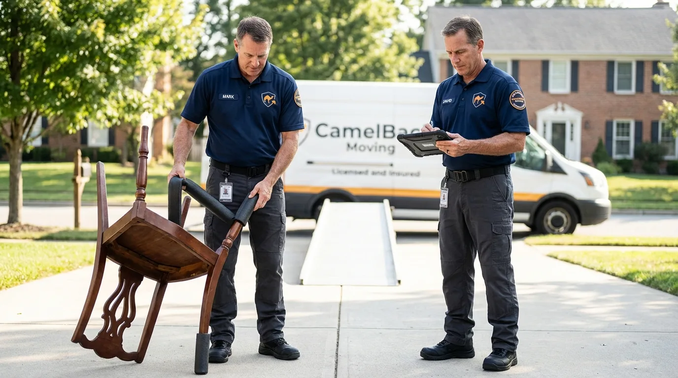 Movers inspecting furniture for damage prevention before loading in Bunker Hill, IL