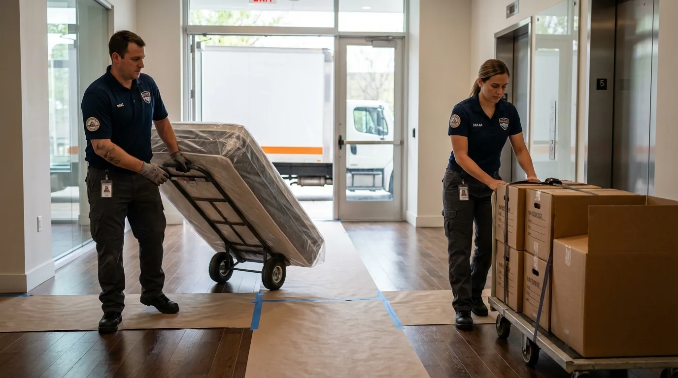 Professional apartment movers loading elevator in Bunker Hill, IL